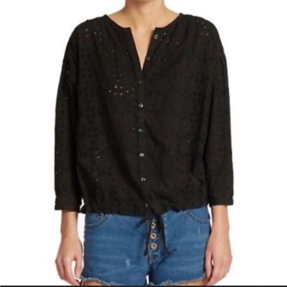 Free People Top Womens Small Black Stars Align Eyelet Beachy Boho Neutral Basic - Picture 1 of 9